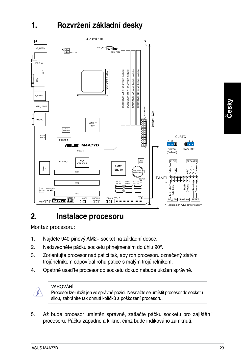 Instalace procesoru, Rozvržení základní desky, Česky | Asus m4a77d 2, Panel | Asus M4A77D User Manual | Page 23 / 42