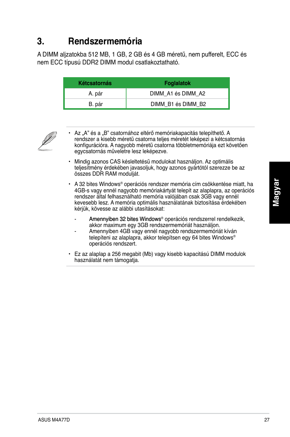 Rendszermemória, Magyar | Asus M4A77D User Manual | Page 27 / 42