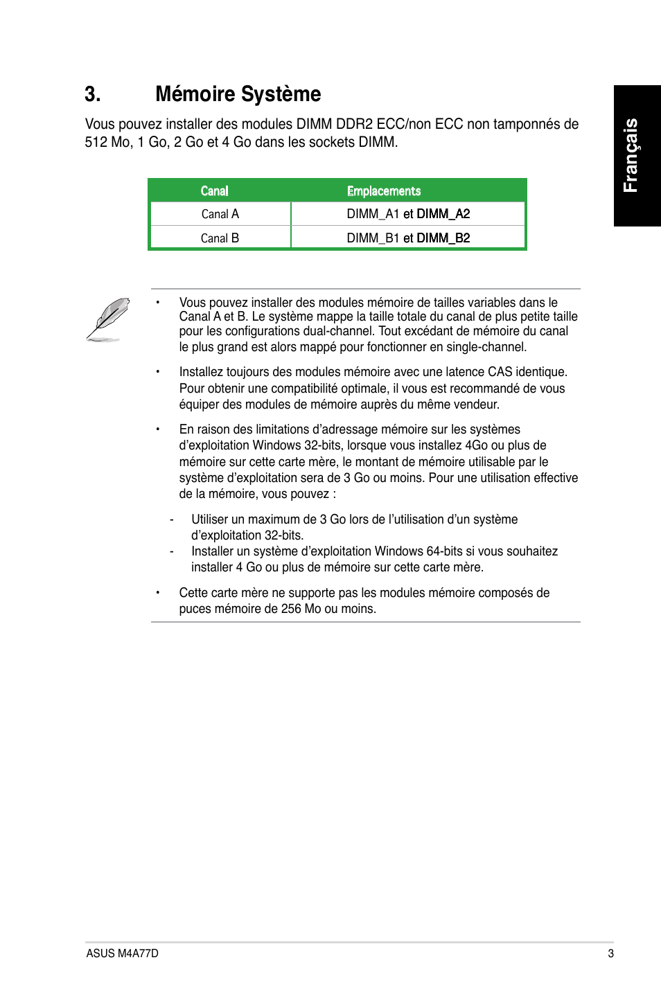 Mémoire système, Français | Asus M4A77D User Manual | Page 3 / 42