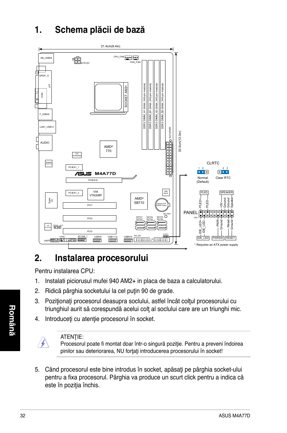 Schema plăcii de bază 2. instalarea procesorului, Română, 2 asus m4a77d | Panel | Asus M4A77D User Manual | Page 32 / 42