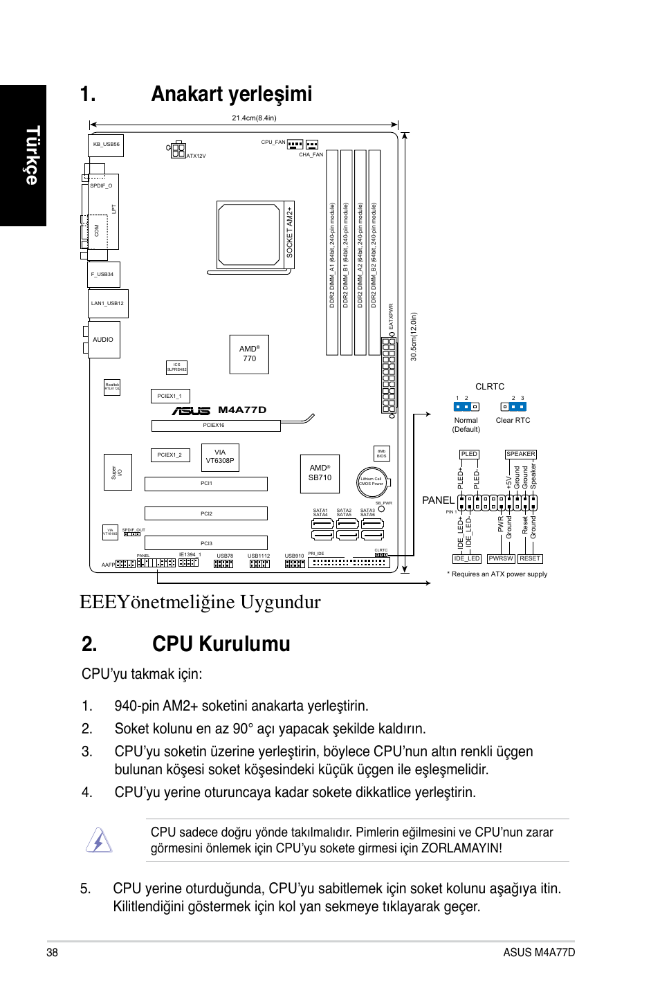 Anakart yerleşimi 2. cpu kurulumu, Eeeyönetmeliğine uygundur, Türkçe | Asus m4a77d, Panel | Asus M4A77D User Manual | Page 38 / 42