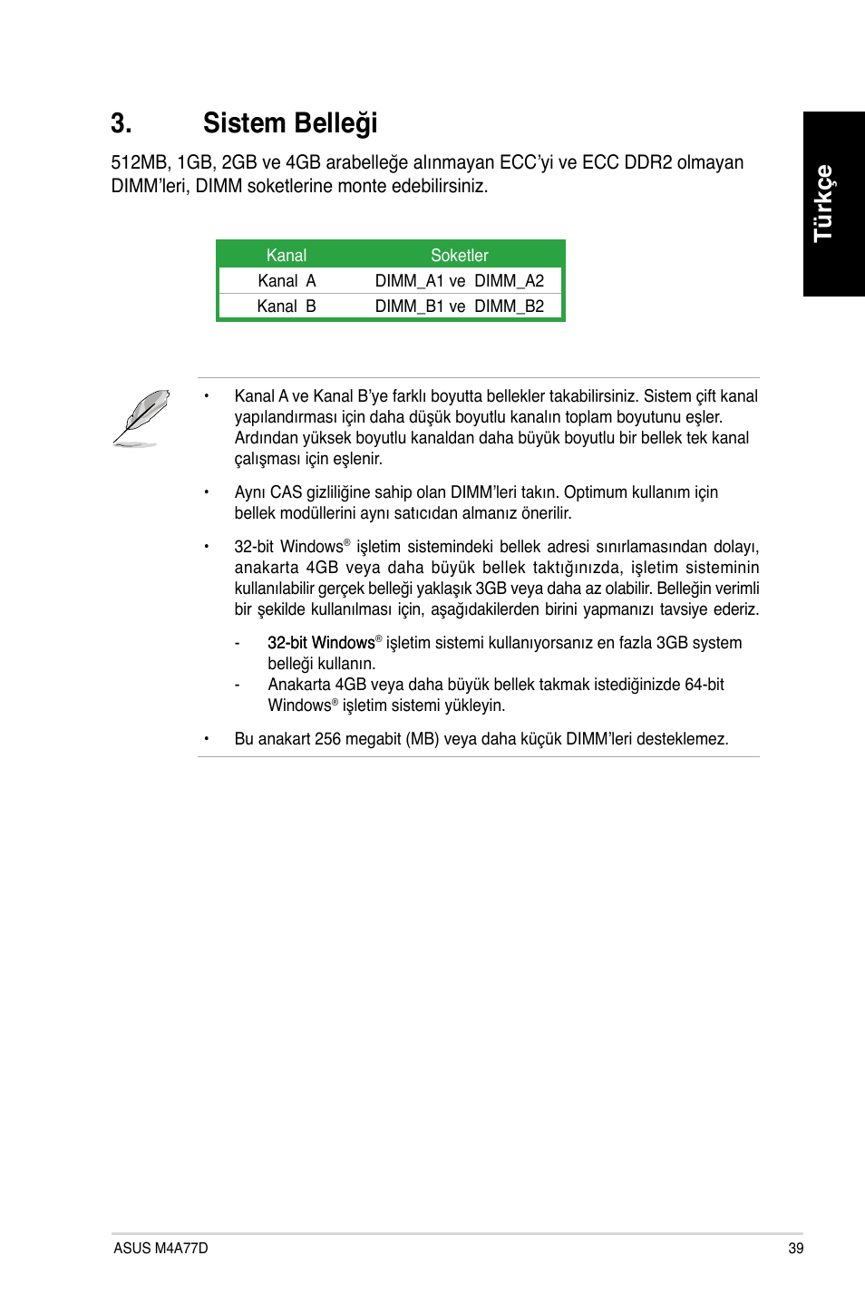 Sistem belleği, Türkçe | Asus M4A77D User Manual | Page 39 / 42