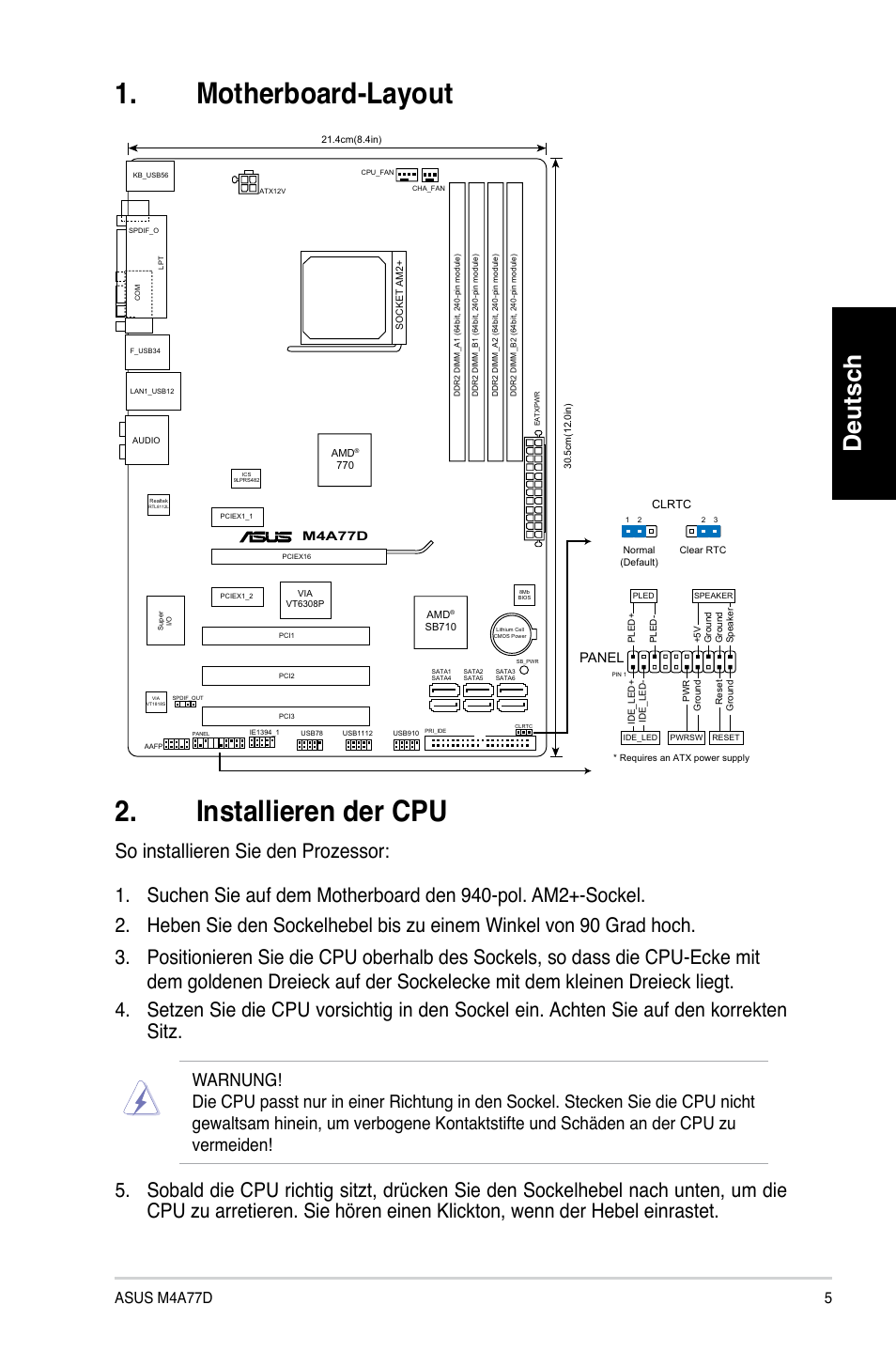 Motherboard-layout 2. installieren der cpu, Deutsch, Asus m4a77d | Panel | Asus M4A77D User Manual | Page 5 / 42