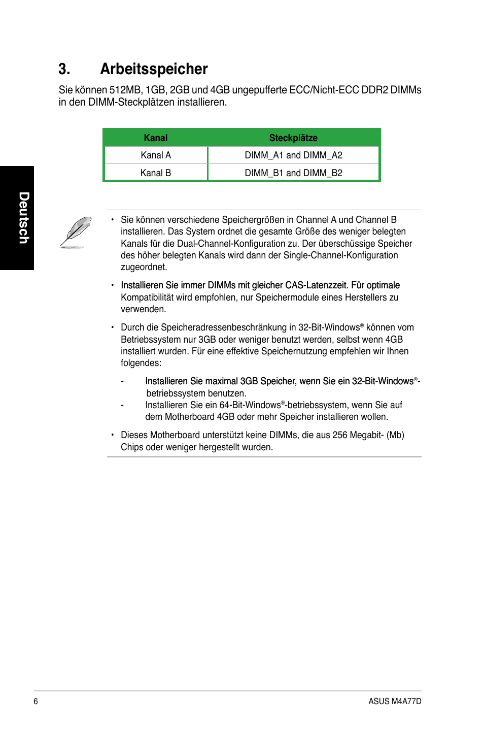 Arbeitsspeicher, Deutsch | Asus M4A77D User Manual | Page 6 / 42