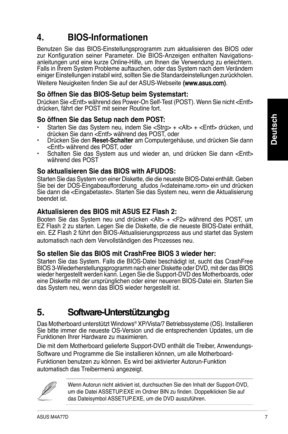 Bios-informationen, Software-unterstützungbg, Deutsch | Asus M4A77D User Manual | Page 7 / 42