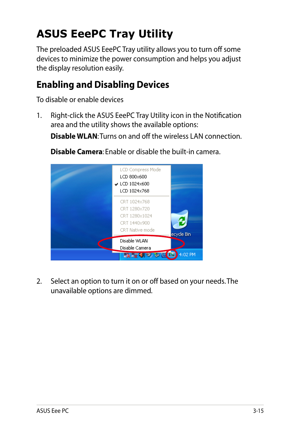 Asus eeepc tray utility, Enabling and disabling devices | Asus Eee PC 900HD/XP User Manual | Page 37 / 80