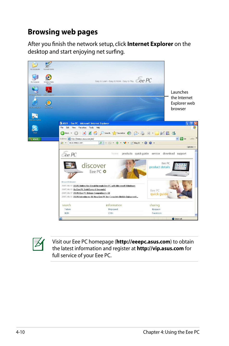 Browsing web pages | Asus Eee PC 900HD/XP User Manual | Page 50 / 80