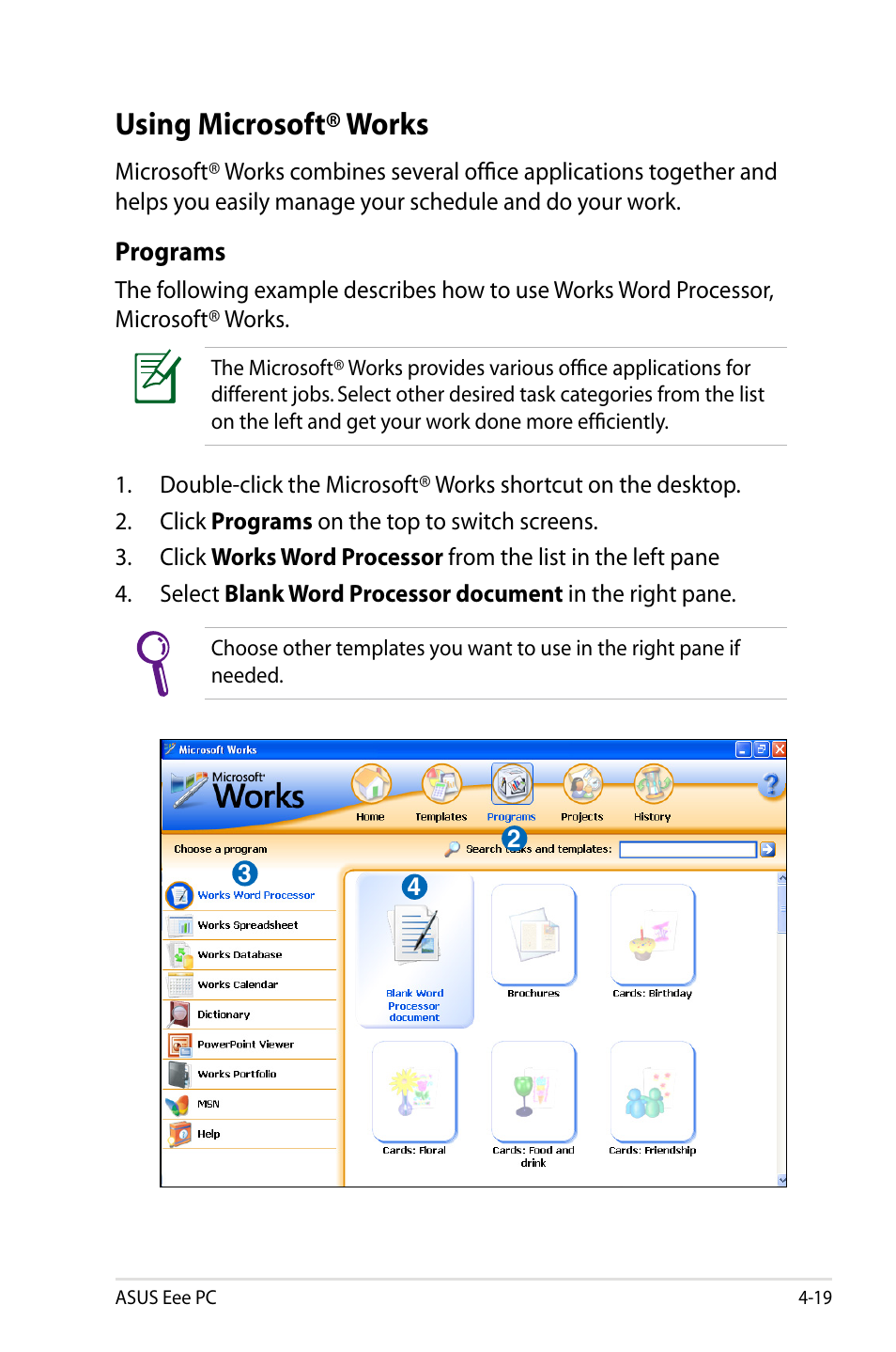 Using microsoft® works | Asus Eee PC 900HD/XP User Manual | Page 59 / 80
