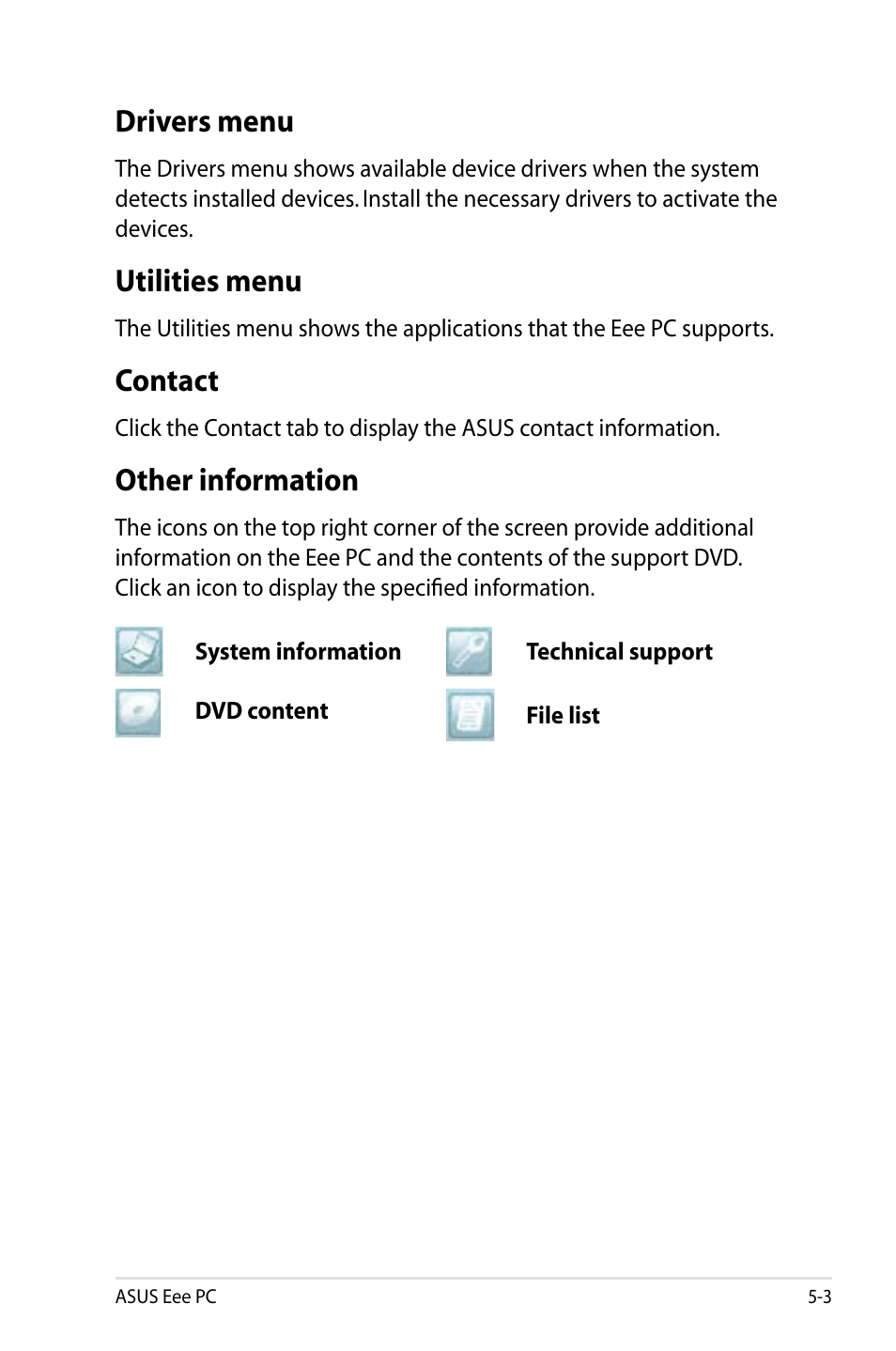 Drivers menu, Utilities menu, Contact | Other information | Asus Eee PC 900HD/XP User Manual | Page 65 / 80