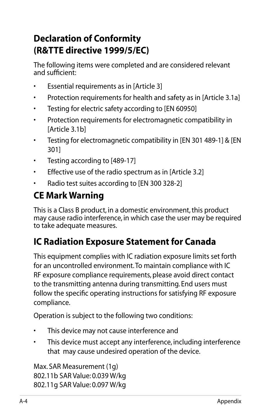 Ce mark warning, Ic radiation exposure statement for canada | Asus Eee PC 900HD/XP User Manual | Page 72 / 80