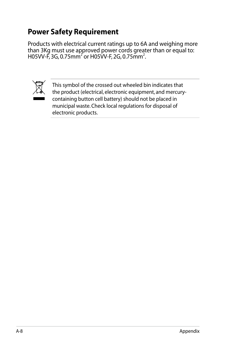 Power safety requirement | Asus Eee PC 900HD/XP User Manual | Page 76 / 80