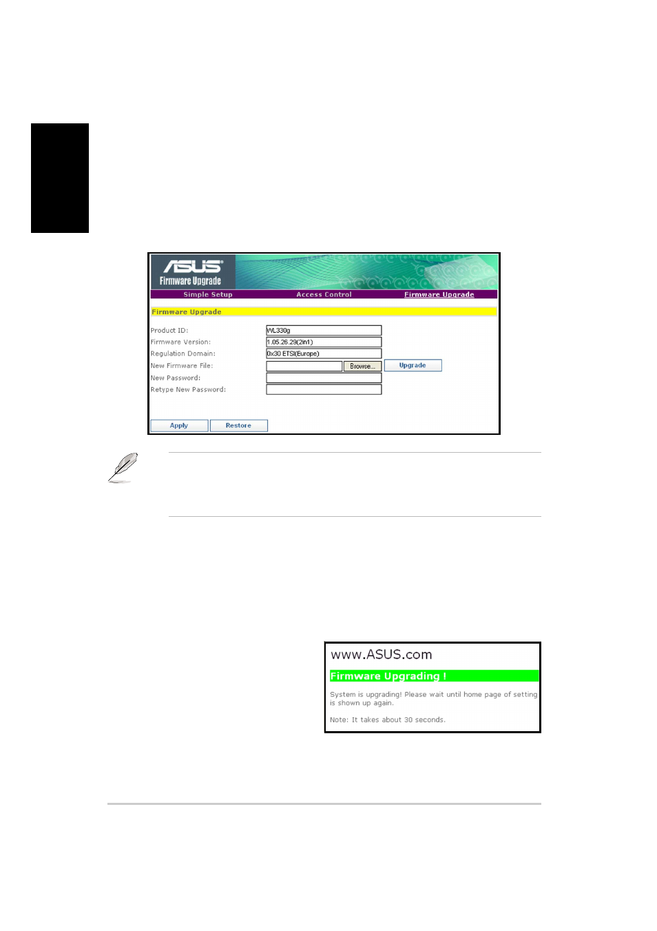 Firmware upgrade page | Asus WL-330g User Manual | Page 16 / 120