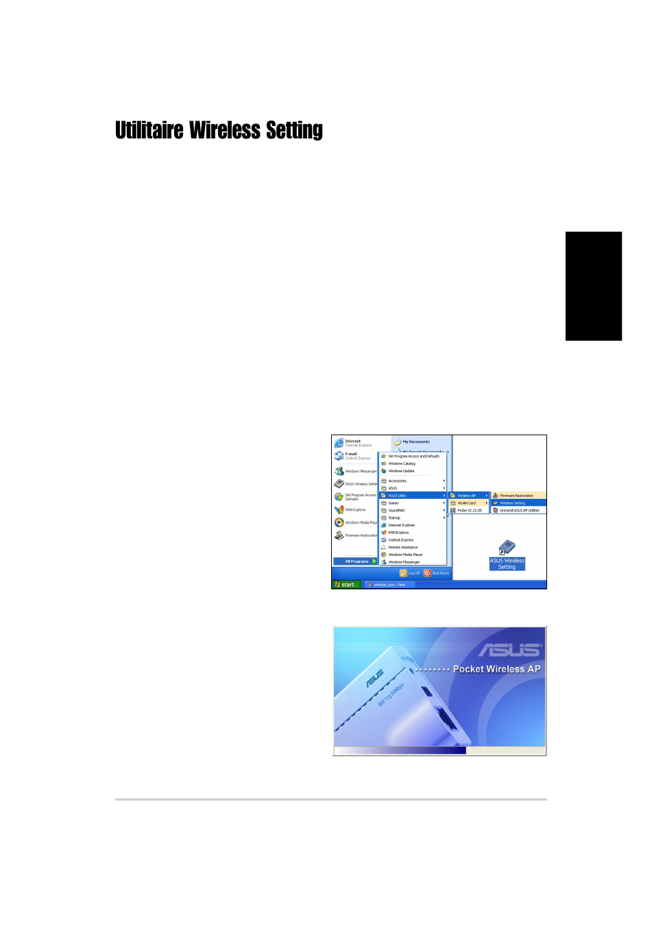 Utilitaire wireless setting, Lancer l’utilitaire wireless setting, Depuis le cd de support | Depuis windows | Asus WL-330g User Manual | Page 27 / 120