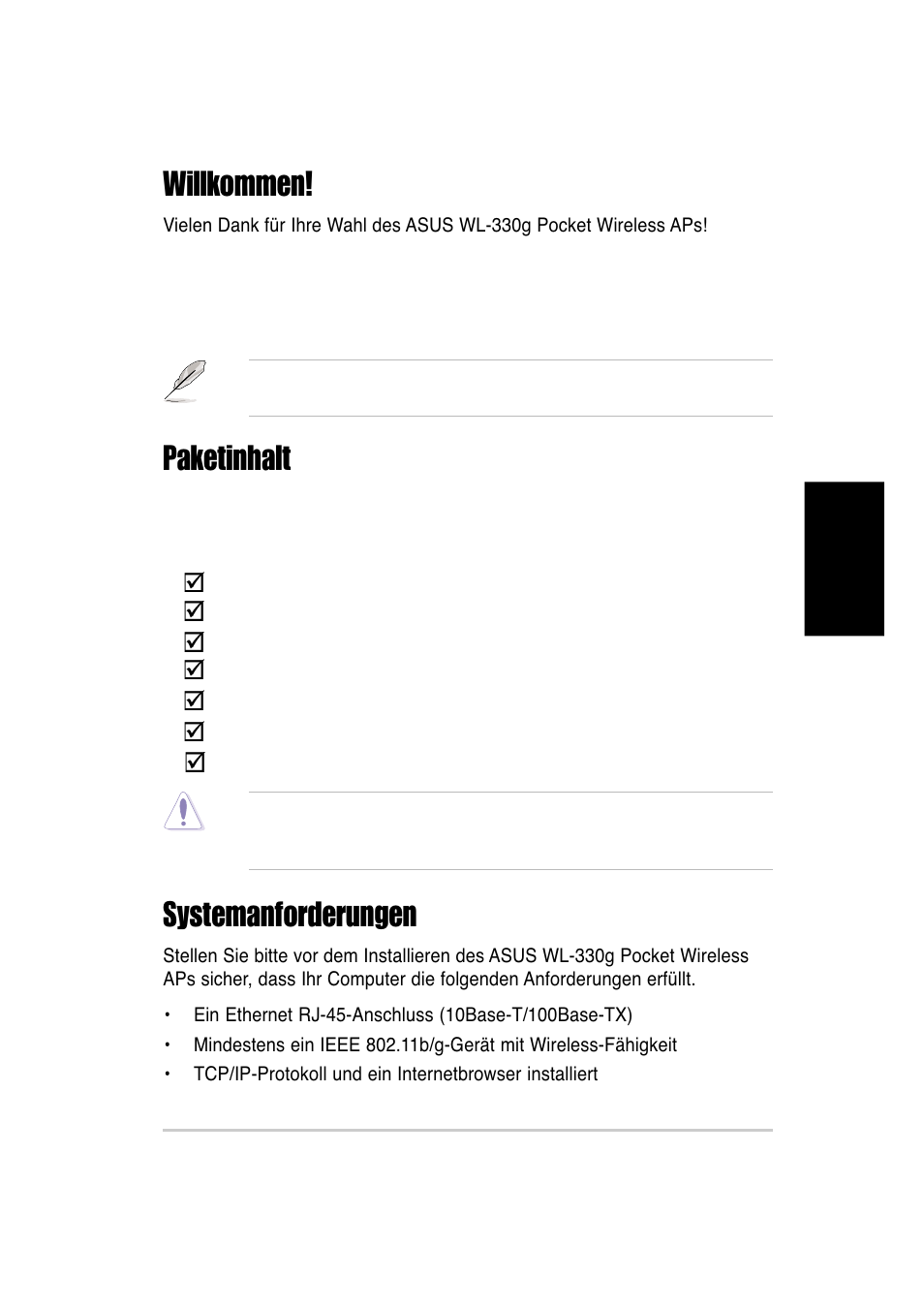 Systemanforderungen, Willkommen, Paketinhalt | Asus WL-330g User Manual | Page 43 / 120