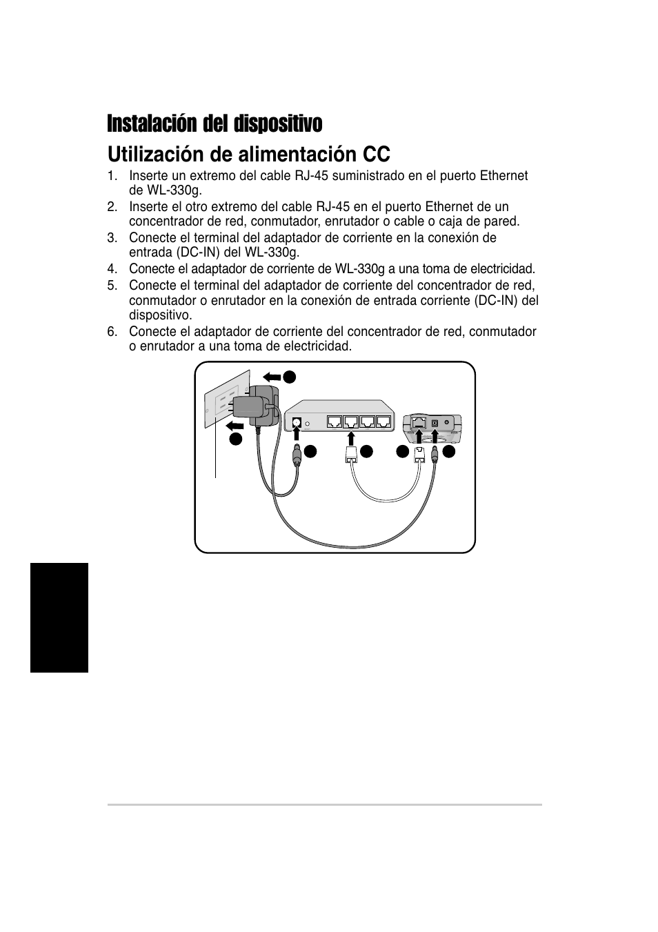 Instalación del dispositivo, Utilización de alimentación cc, Utilización de alimentación de bus usb | Asus WL-330g User Manual | Page 84 / 120