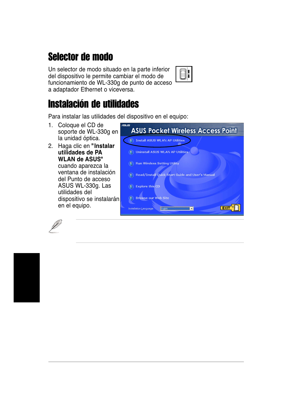 Instalación de utilidades, Selector de modo | Asus WL-330g User Manual | Page 86 / 120