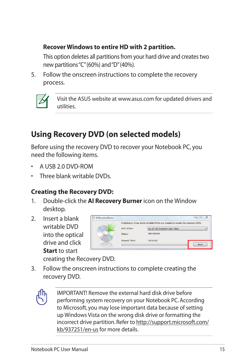 Using recovery dvd (on selected models) | Asus UX30 User Manual | Page 15 / 26