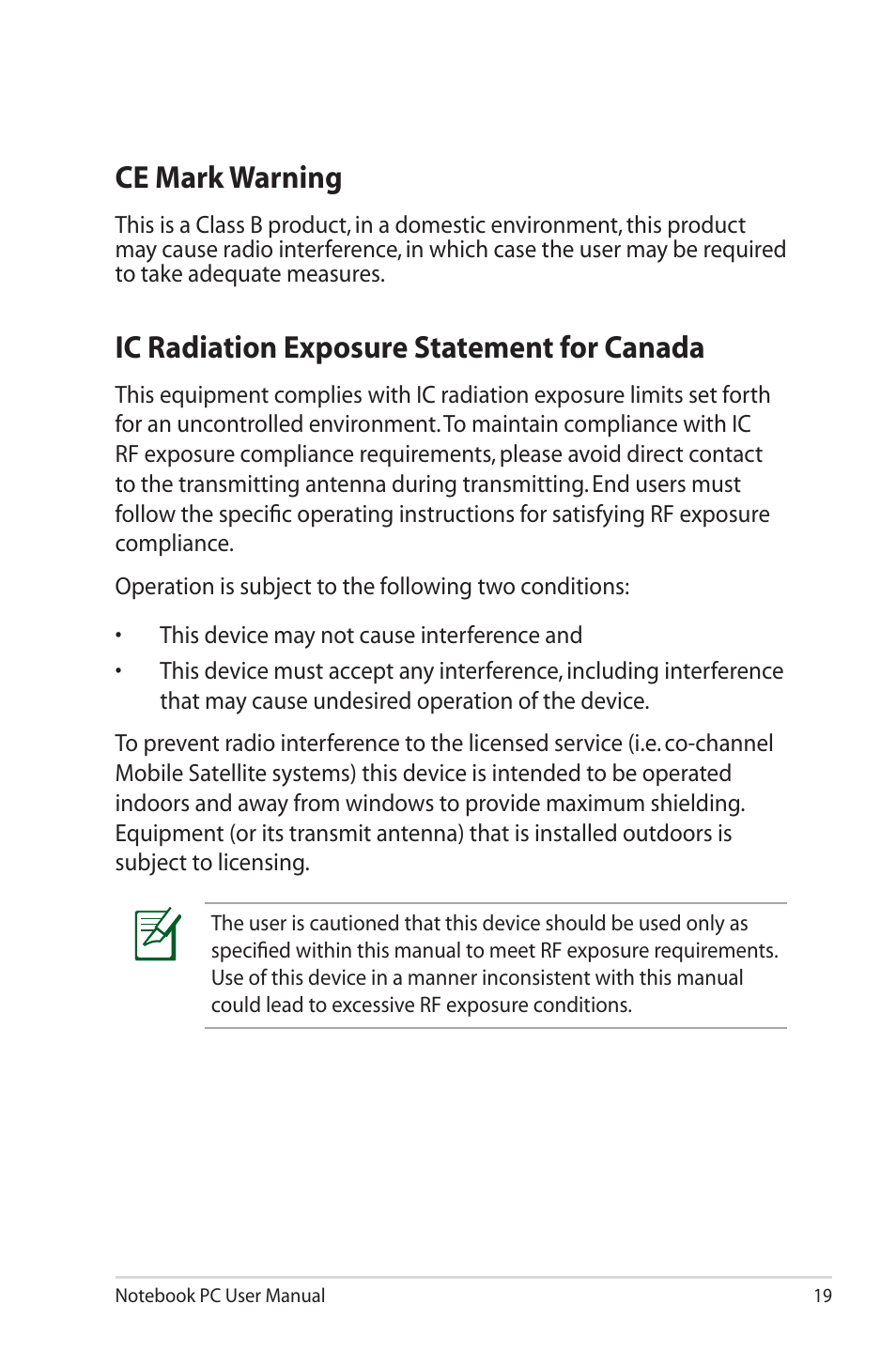 Ce mark warning, Ic radiation exposure statement for canada | Asus UX30 User Manual | Page 19 / 26