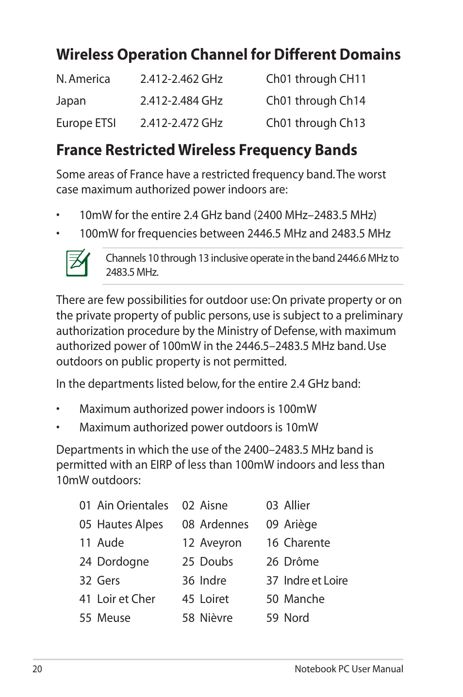 Wireless operation channel for different domains, France restricted wireless frequency bands | Asus UX30 User Manual | Page 20 / 26