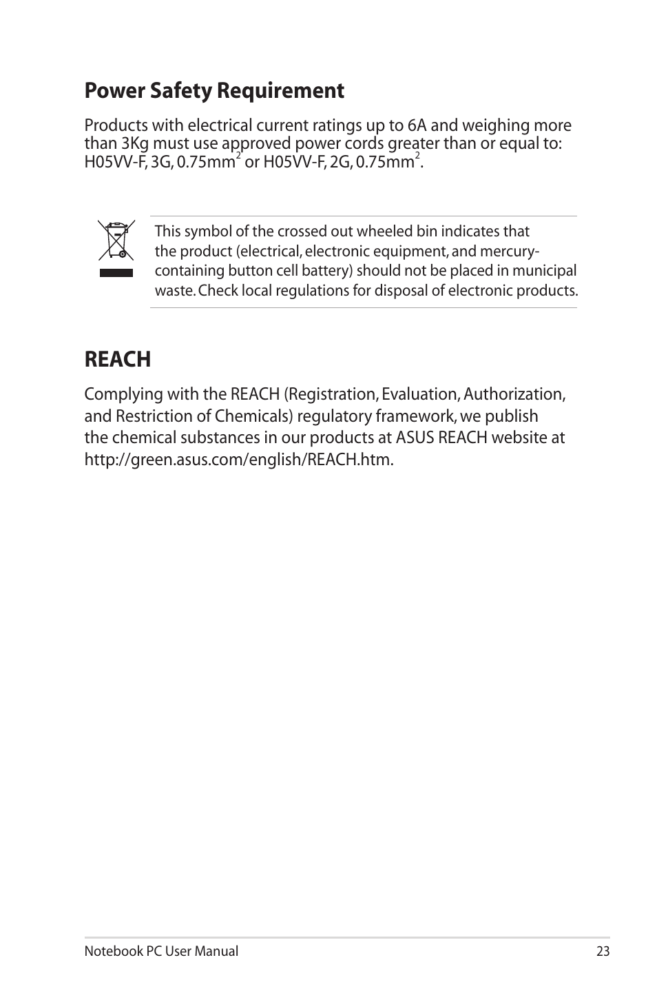 Power safety requirement, Reach, Power safety requirement reach | Asus UX30 User Manual | Page 23 / 26