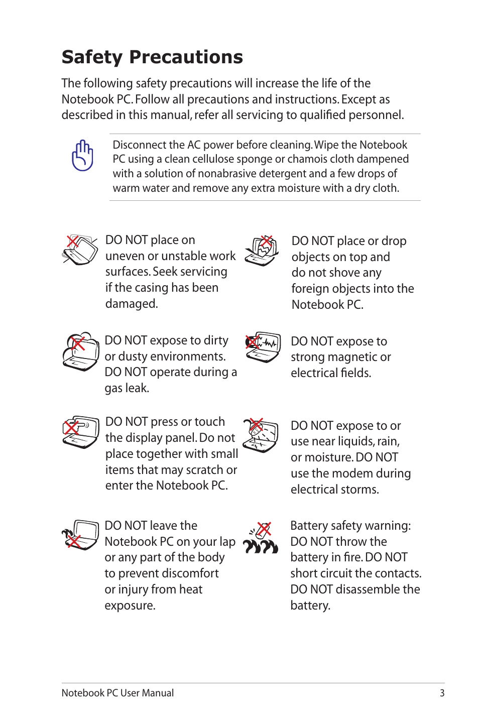 Safety precautions | Asus UX30 User Manual | Page 3 / 26