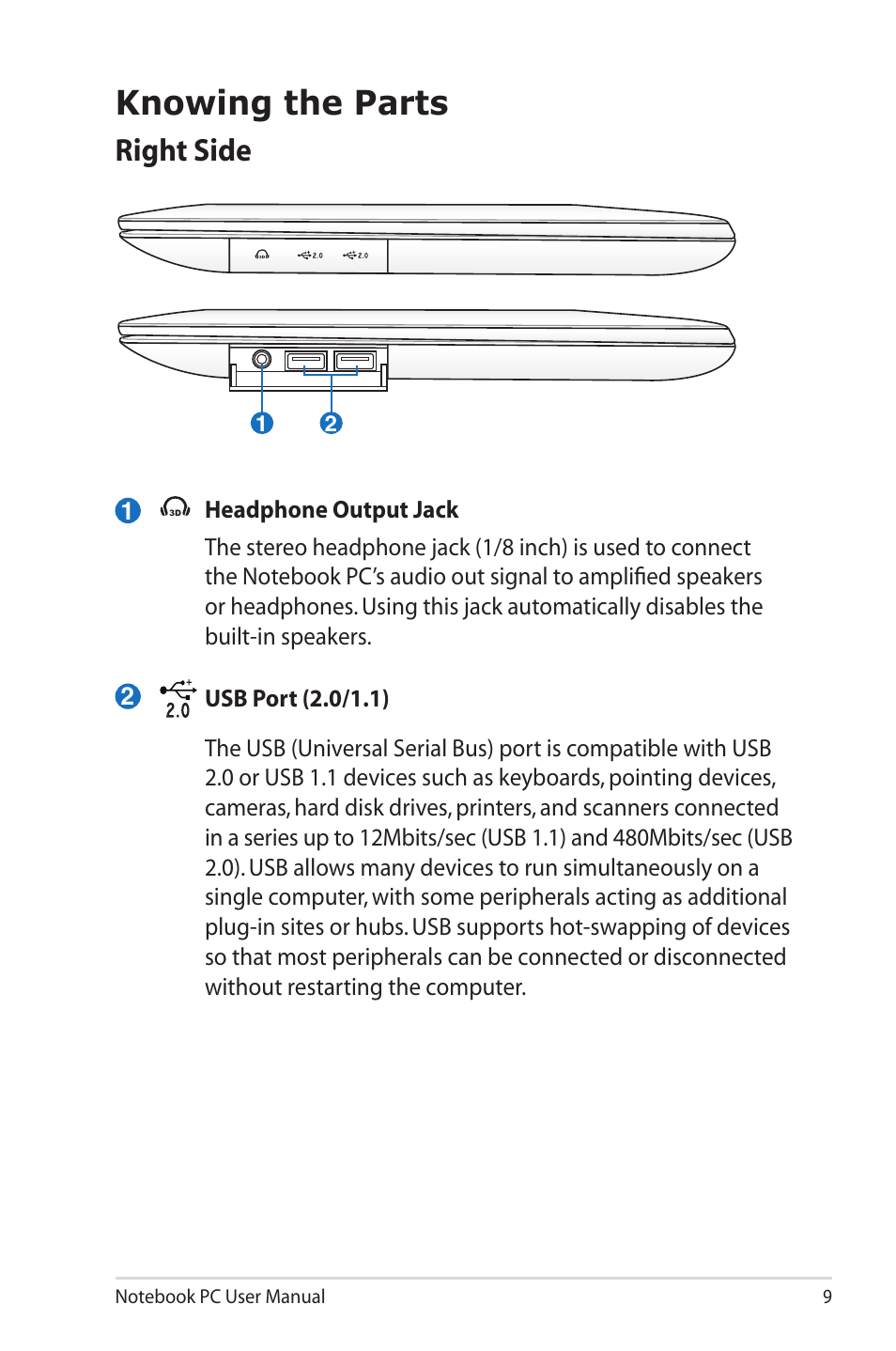 Knowing the parts, Right side | Asus UX30 User Manual | Page 9 / 26