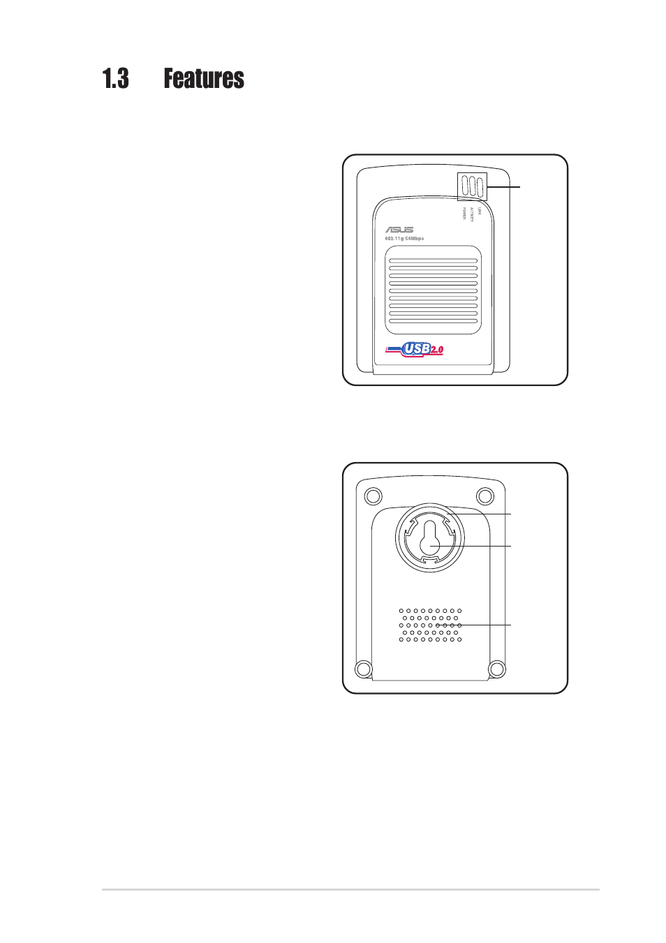 3 features, 1 top view, 2 bottom view | Asus WL-160g User Manual | Page 13 / 48