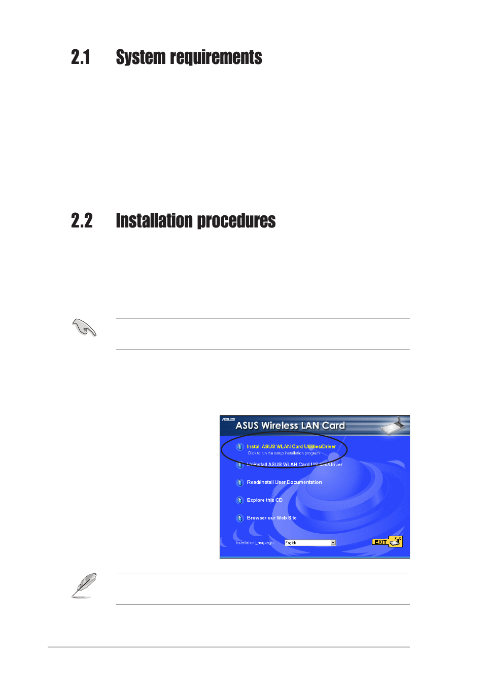 1 system requirements, 2 installation procedures, 1 installing the device drivers and utilities | Asus WL-160g User Manual | Page 18 / 48
