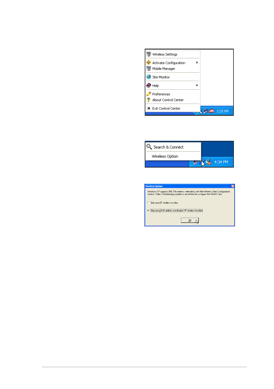 2 control center right-click menu, 3 control center left-click menu | Asus WL-160g User Manual | Page 23 / 48