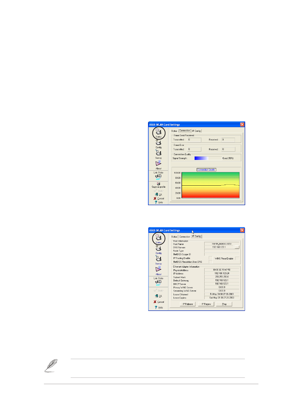 Ip config tab, Connection tab | Asus WL-160g User Manual | Page 25 / 48