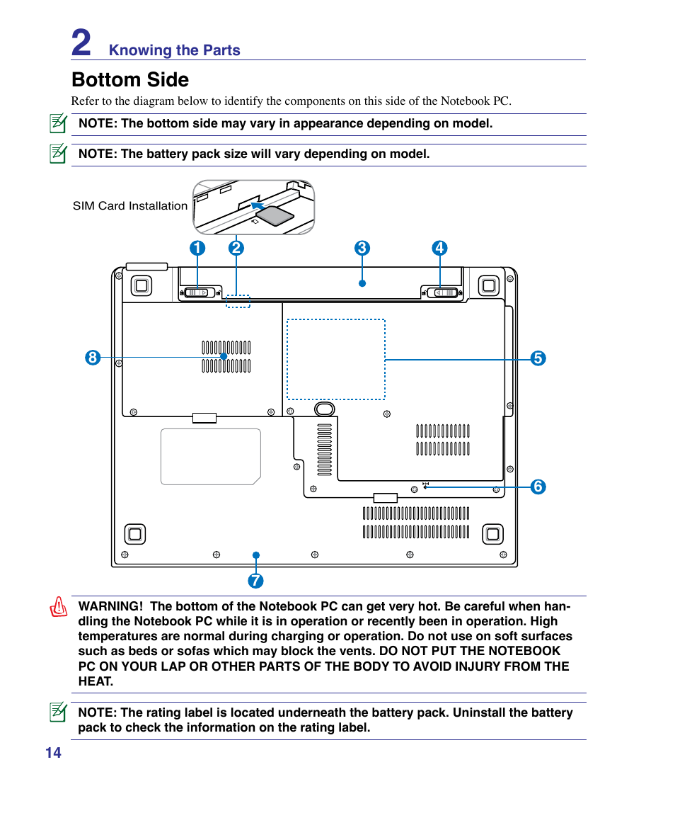 Bottom side | Asus VX3 User Manual | Page 14 / 89