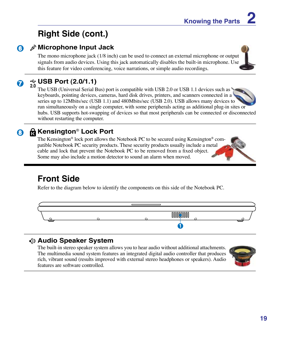 Front side, Right side (cont.) front side | Asus VX3 User Manual | Page 19 / 89