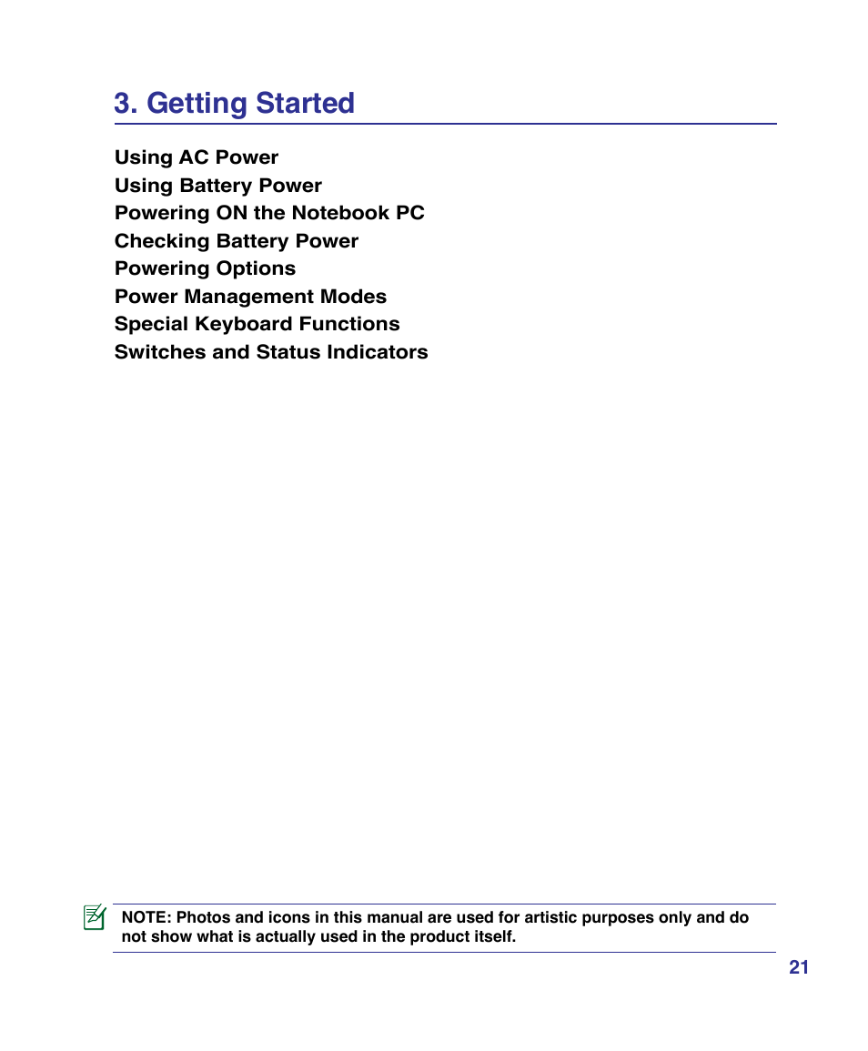 Getting started | Asus VX3 User Manual | Page 21 / 89