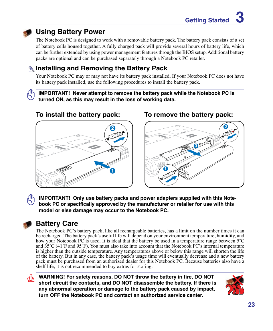 Using battery power, Battery care | Asus VX3 User Manual | Page 23 / 89