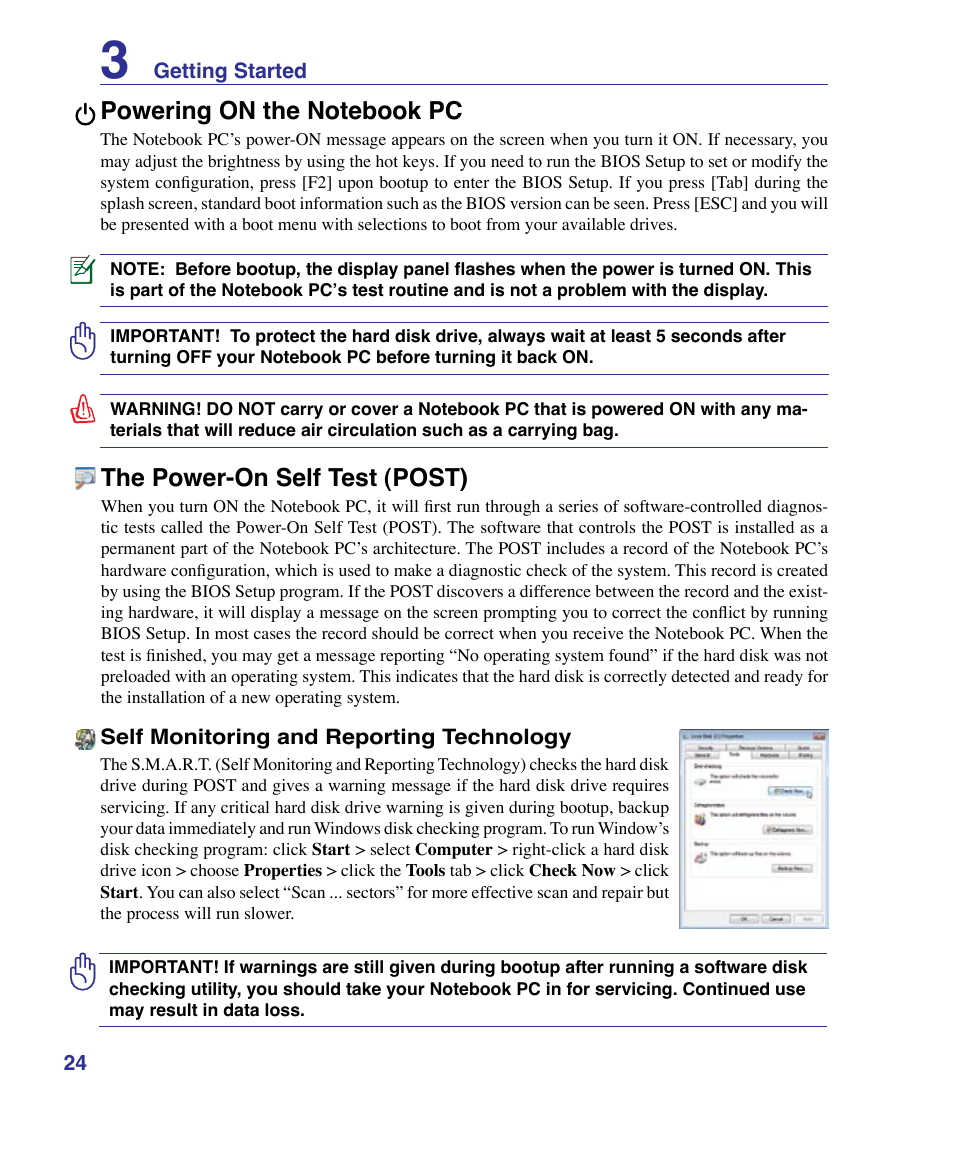 Powering on the notebook pc, The power-on self test (post) | Asus VX3 User Manual | Page 24 / 89