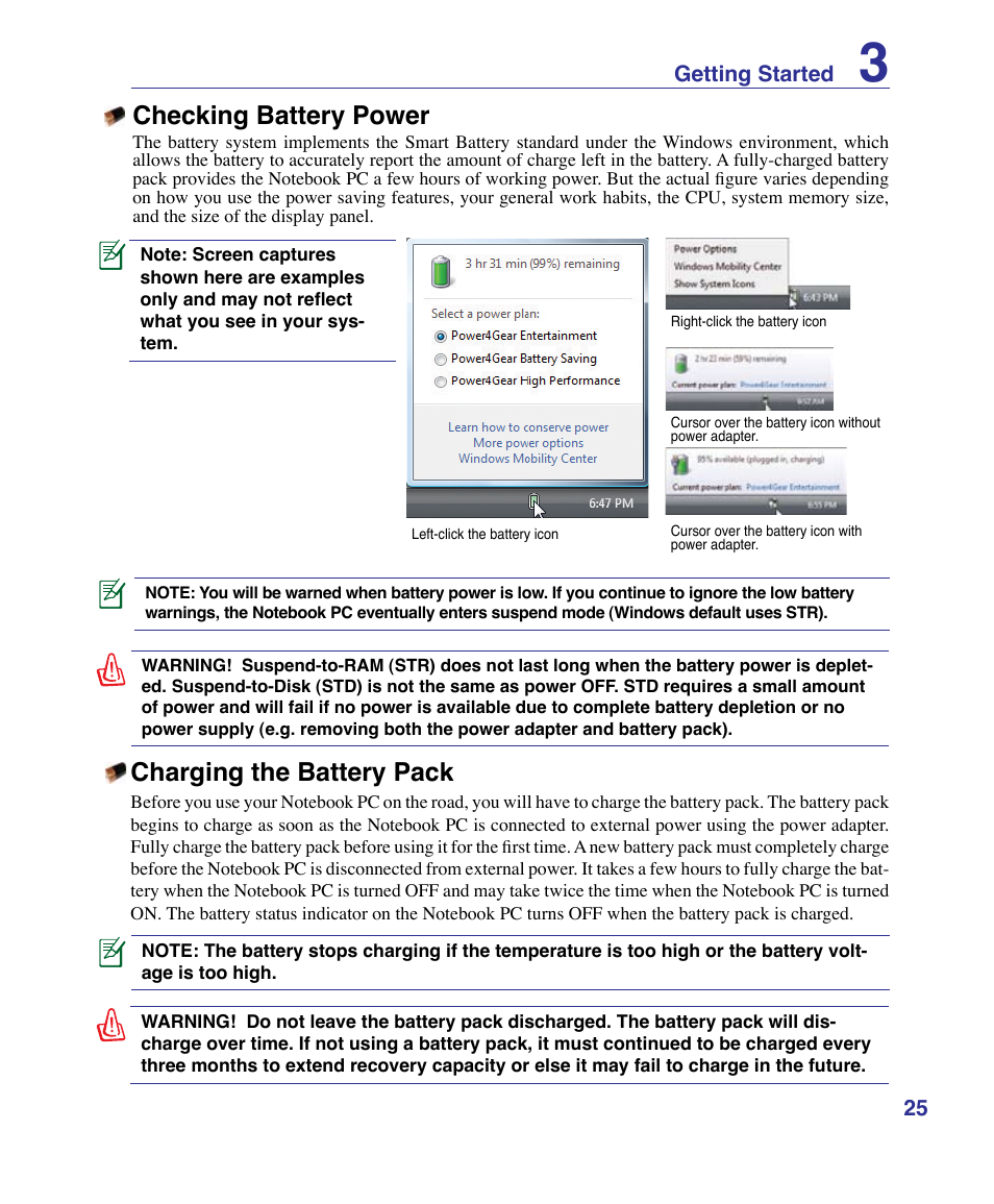 Checking battery power, Charging the battery pack | Asus VX3 User Manual | Page 25 / 89