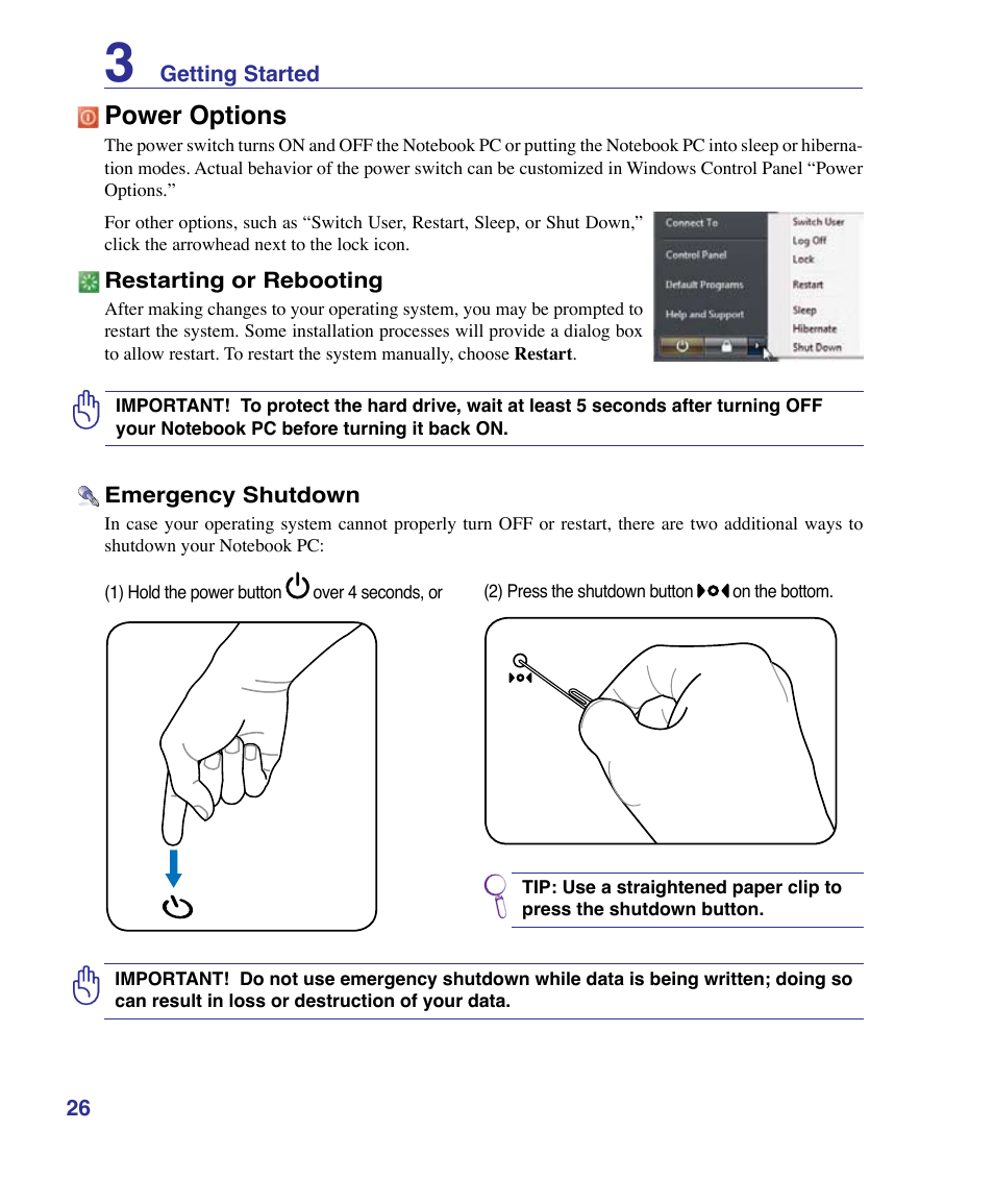 Power options | Asus VX3 User Manual | Page 26 / 89