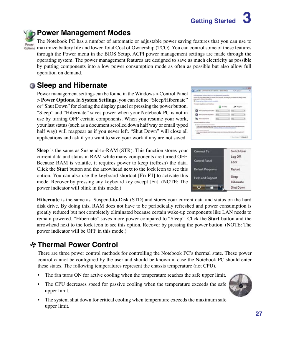 Power management modes, Sleep and hibernate, Thermal power control | Asus VX3 User Manual | Page 27 / 89