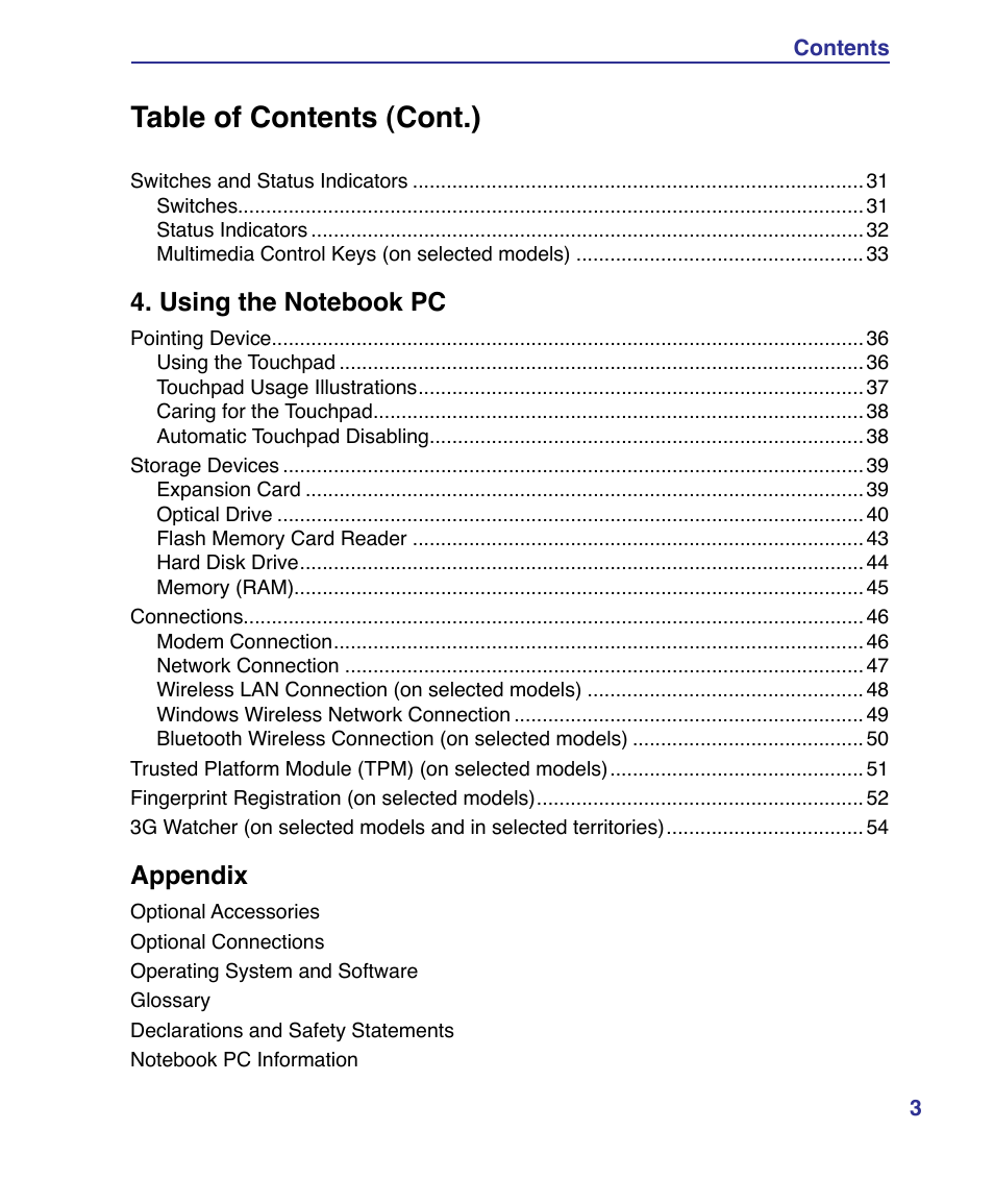 Table of contents (cont.), Appendix | Asus VX3 User Manual | Page 3 / 89