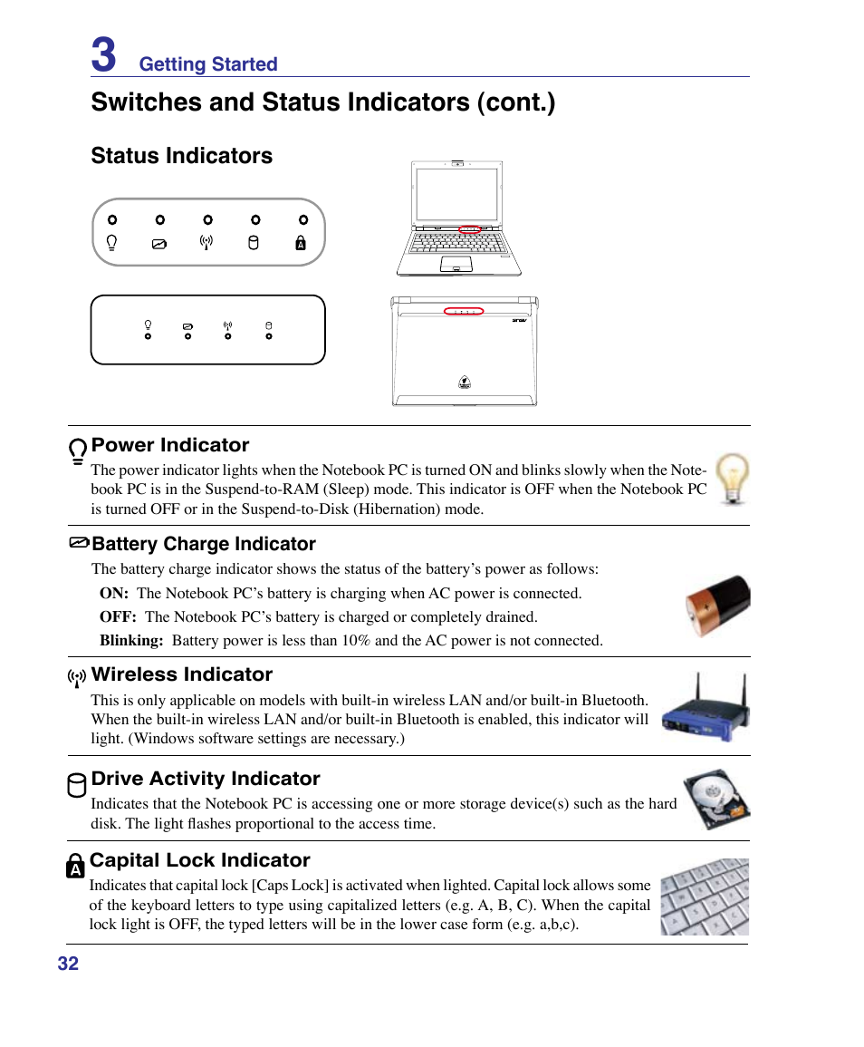 Status indicators, Switches and status indicators (cont.) | Asus VX3 User Manual | Page 32 / 89