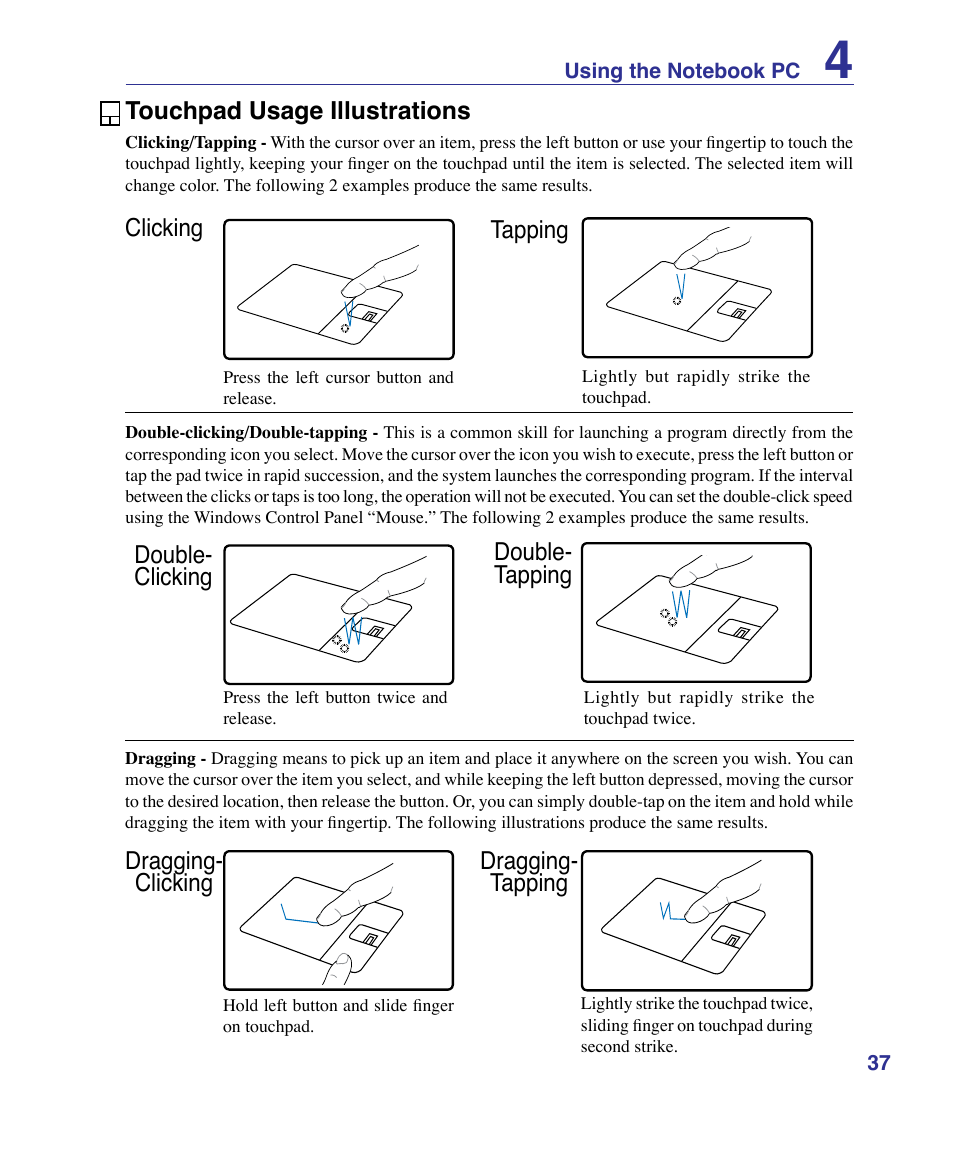 Touchpad usage illustrations, Dragging- clicking dragging- tapping | Asus VX3 User Manual | Page 37 / 89