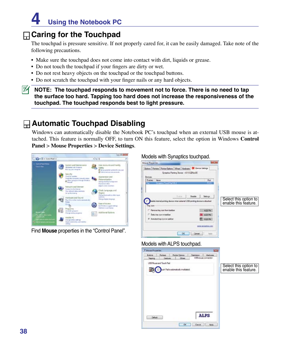 Caring for the touchpad, Automatic touchpad disabling | Asus VX3 User Manual | Page 38 / 89