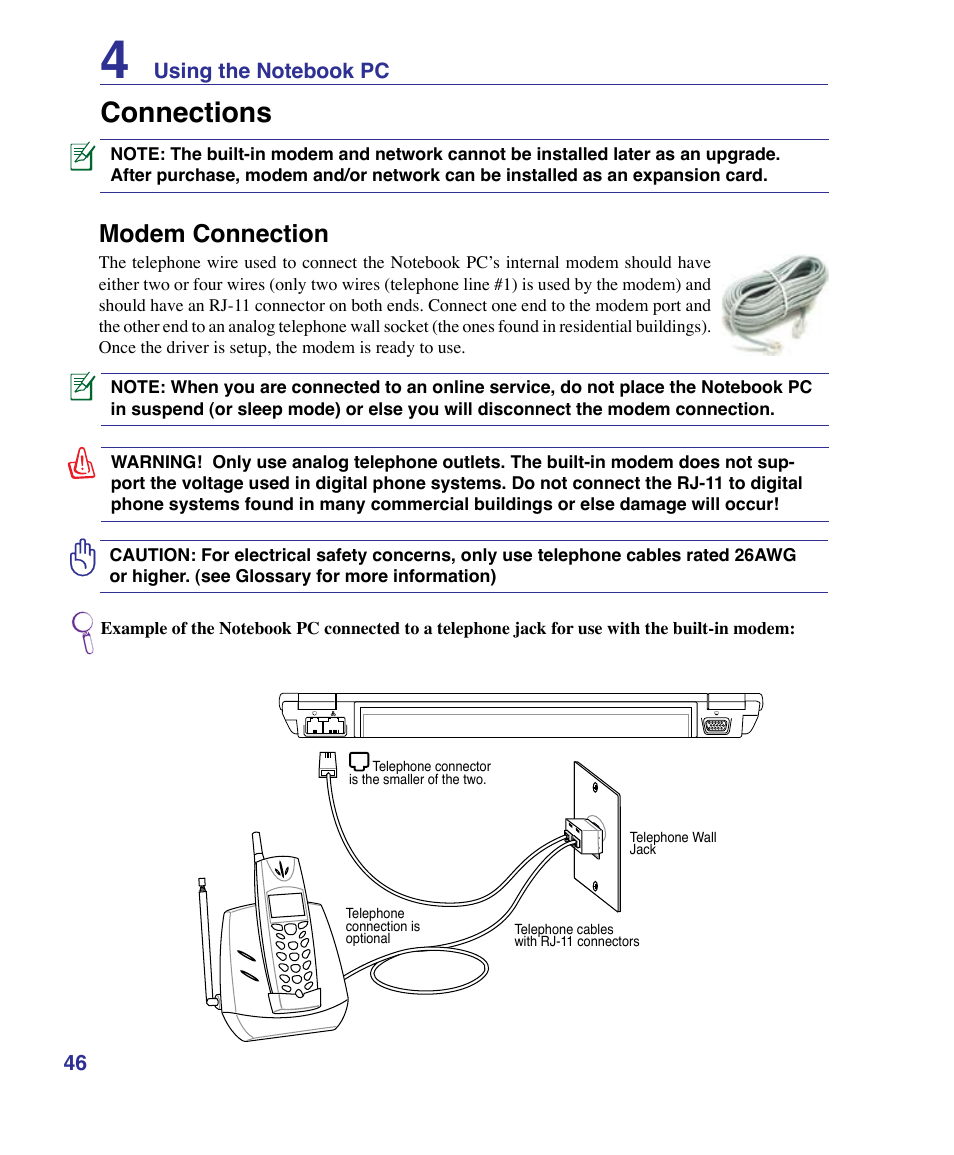 Connections, Modem connection | Asus VX3 User Manual | Page 46 / 89