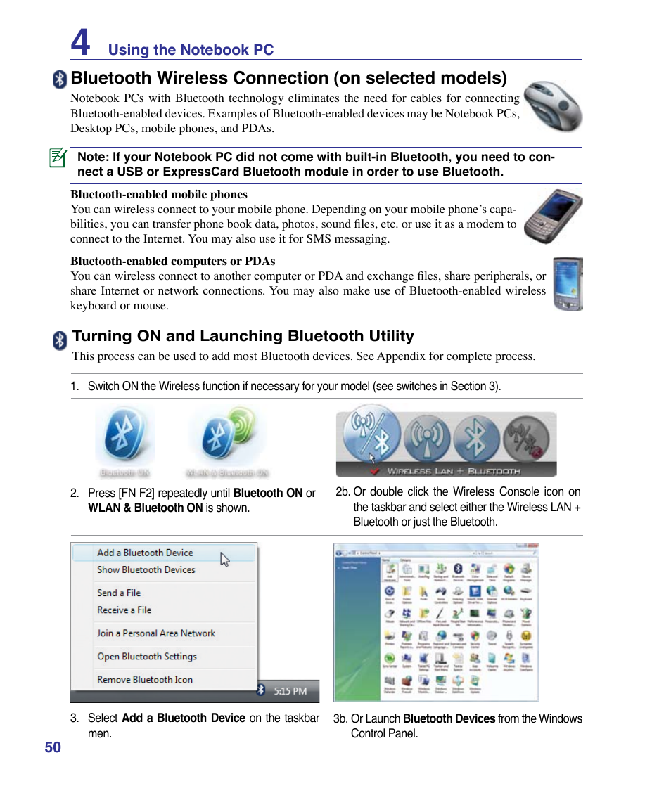 Bluetooth wireless connection (on selected models) | Asus VX3 User Manual | Page 50 / 89