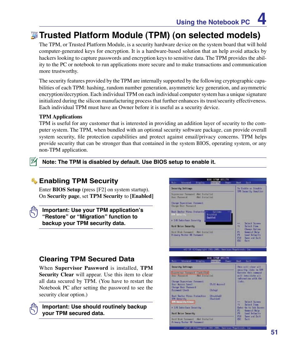 Trusted platform module (tpm) (on selected models) | Asus VX3 User Manual | Page 51 / 89