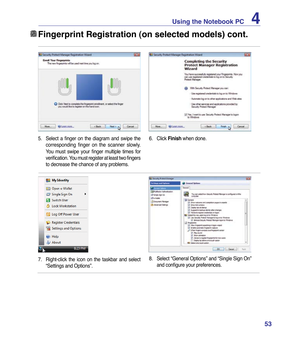 Fingerprint registration (on selected models) cont | Asus VX3 User Manual | Page 53 / 89