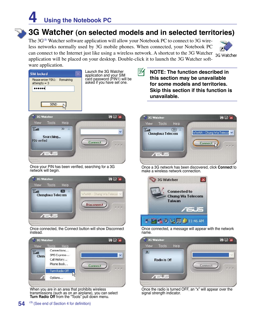 3g watcher software (on selected models), 3g watcher, On selected models and in selected territories) | Asus VX3 User Manual | Page 54 / 89