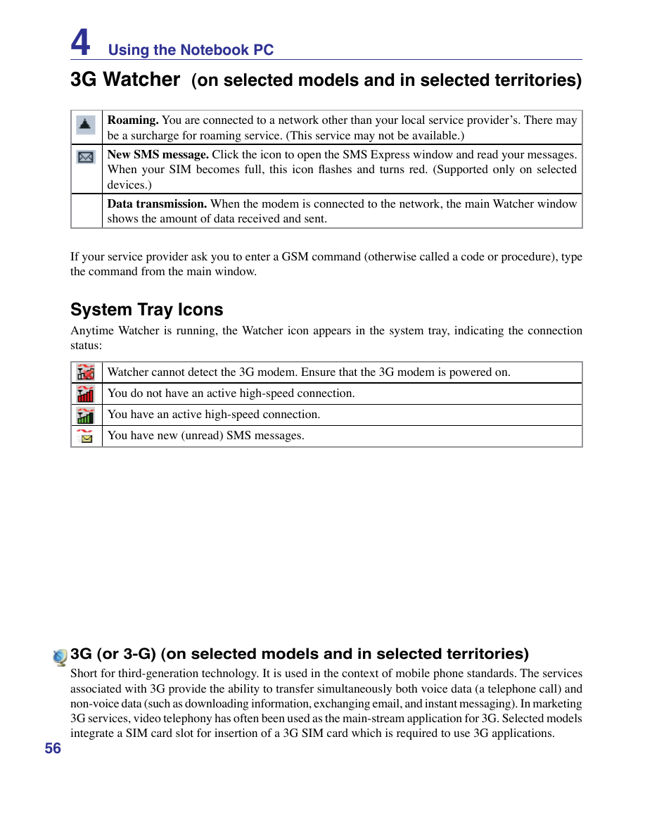 3g watcher, System tray icons, On selected models and in selected territories) | Asus VX3 User Manual | Page 56 / 89