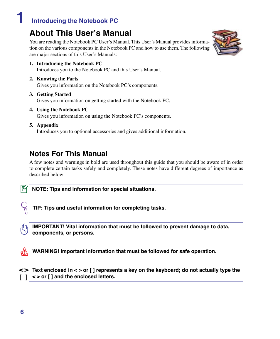 About this user’s manual, Notes for this manual | Asus VX3 User Manual | Page 6 / 89