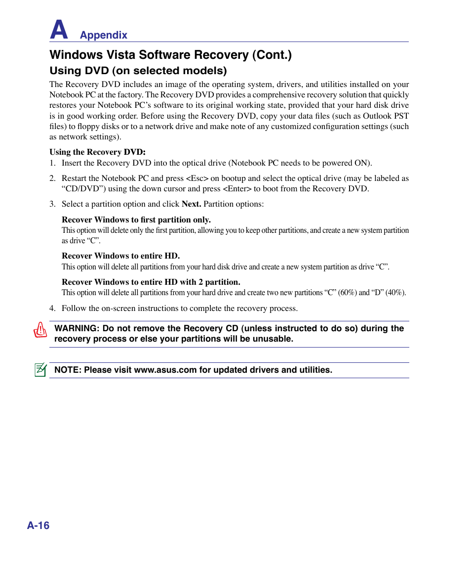 Windows vista software recovery (cont.) | Asus VX3 User Manual | Page 72 / 89